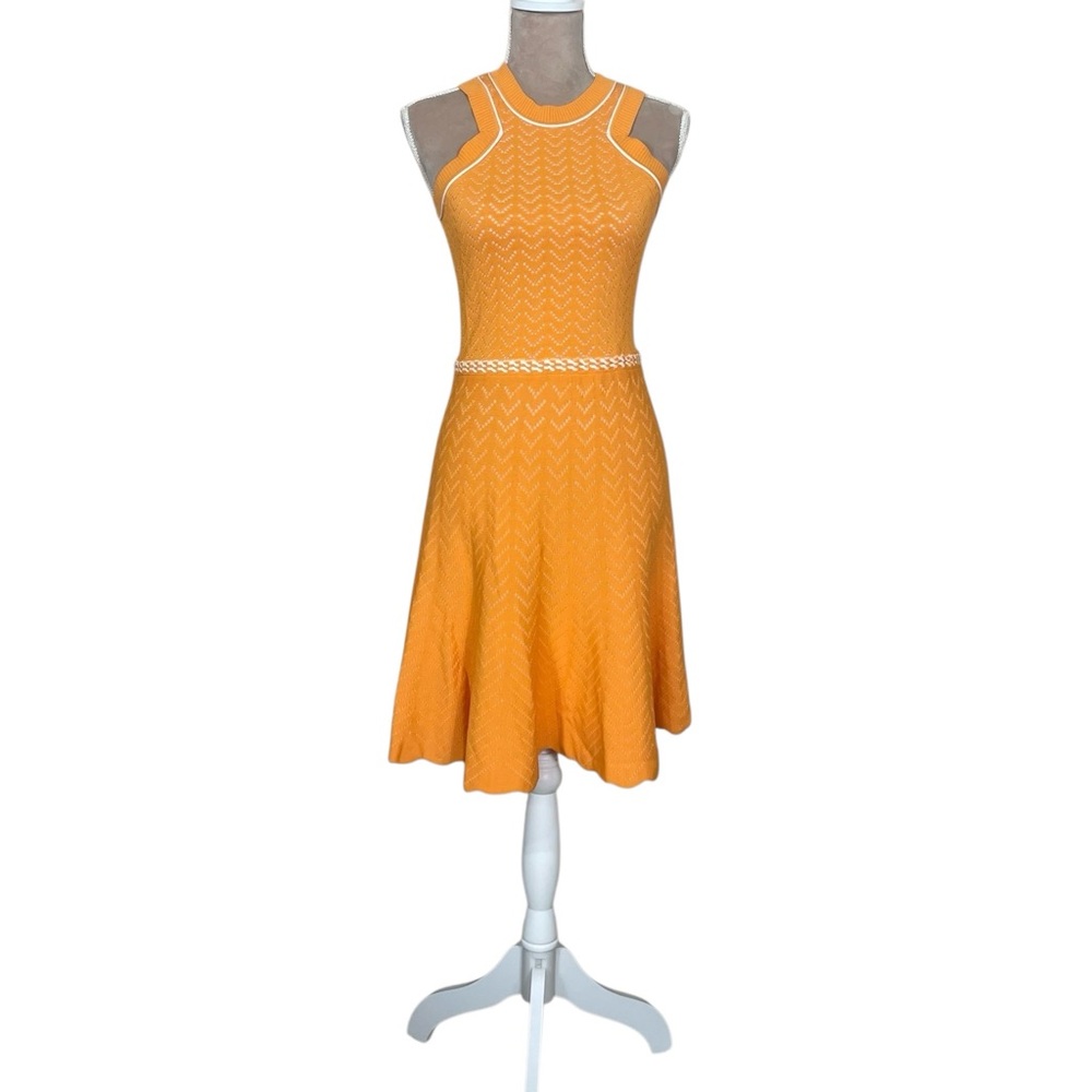 Shoshanna Tangerine Orange Pointelle Knit Fit and Flare Midi Dress (C-1)